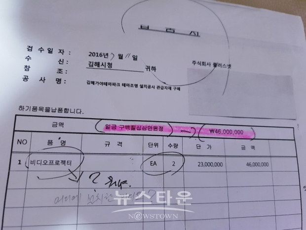 납품지급금액 구백팔십삼만원 표기, 아라비아 숫자로는 46,000,000원 표기되어 있는 자료사진