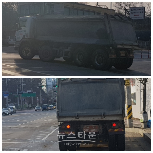 GS건설 아파트 현장에서 사토를 반출하는 대형덤프차량이 구 306보충대에 교차로에서 3차선정차(사진아래)하고 있다고 좌회전신호가 들어오면 불법유턴(사진위)을 하고 있다