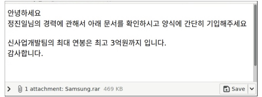 구글이 공개한 이메일에 따르면 북한 해커들은 삼성의 ‘신사업개발팀’으로 위장해 공격 대상자들에 3억원에 달하는 고액의 연봉을 제시하며 첨부파일을 열도록 유도했다. 구글