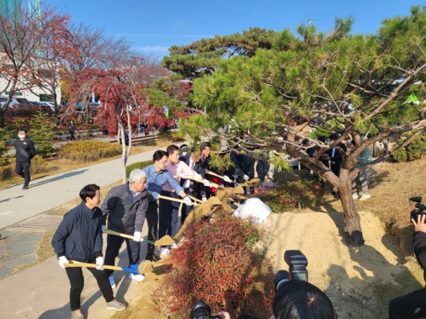 이강덕 포항시장이 지난해 11월 철길숲에서 포항향토청년회와 함께 기념식수를 하고 있다