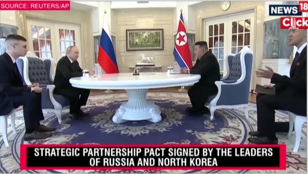 푸틴 거시아 대통령과 김정은 북한 국무위원장이 회담을 하고 있다/사진=CNN-News18 갈무리