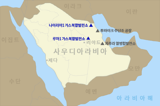 두산에너빌리티가 건설공사 계약을 체결한 사우디아라비아 루마1, 나이리야1 가스복합발전소 위치