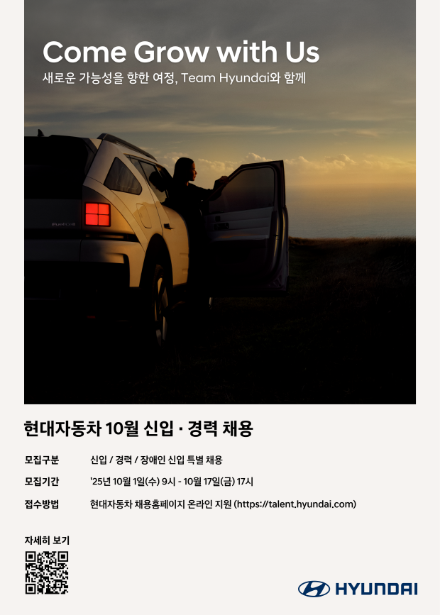 현대차, 10월 신입 및 경력사원 채용현대자동차가 10월 1일(수)부터 17일(금)까지 약 3주간 신입 및 경력사원 채용을 진행한다고 밝혔다. 이번 채용은 신입/경력/장애인 신입 특별 채용을 동시에 진행하며, 현대차 공식 채용 홈페이지를 통해 지원서를 접수할 수 있다.