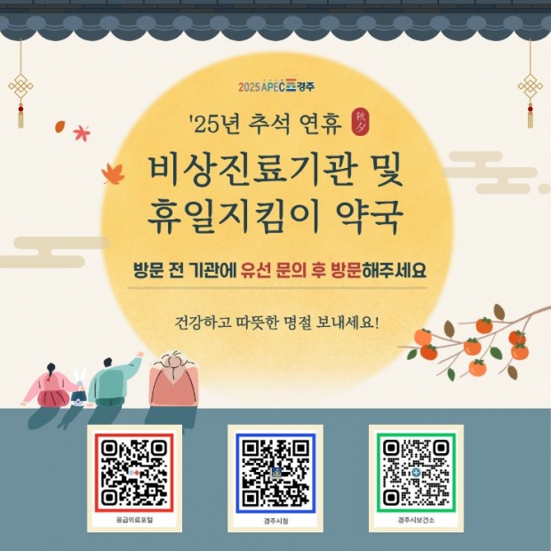경주시가 추석 연휴 비상진료기관 및 휴일지킴이 약국 운영 안내 홍보물(QR코드 포함)을 제작·배포했다.