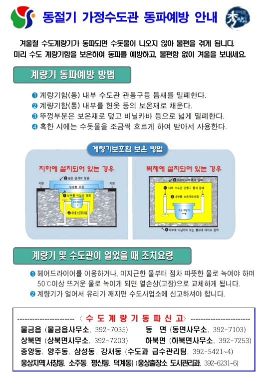 수도계량기 동파 예방 안내문/양산시 제공