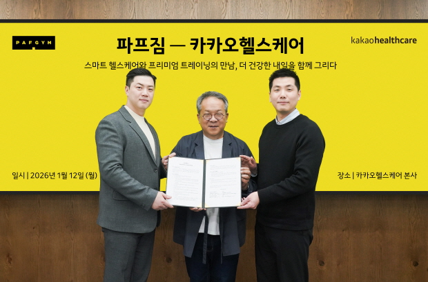 카카오헬스케어는 프리미엄 피트니스 전문 기업 파프짐과 커넥티드헬스 비즈니스를 위한 업무협약(MOU)을 체결했다고 13일 밝혔다. 이날 협약식에는 카카오헬스케어 황희 대표(중앙), 파프짐 오창현 대표(사진 왼쪽), 차주호 대표(사진 오른쪽)가 참석했다.