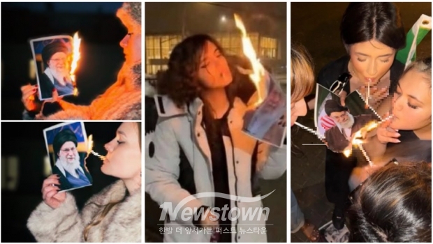 이란 지도자 하메네이의 사진에 담배로 불을 붙이는 이란 젊은 여성들의 모습은 이제 전세계로 확산되고 있다.