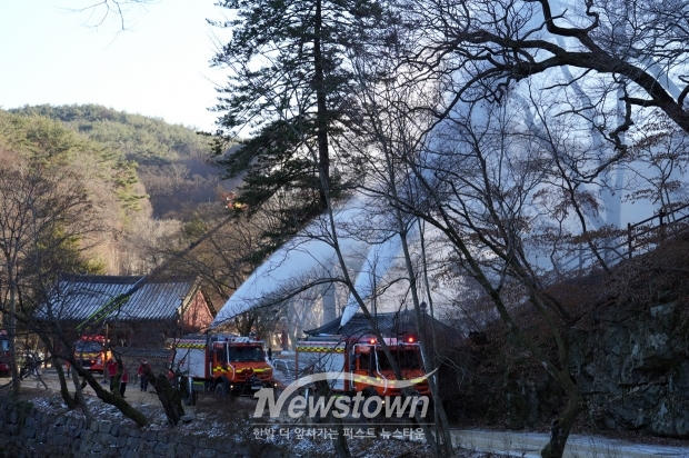 공주 마곡사 산불대응 훈련에서 험지펌프차량이 방수하며 진입하고 있는 모습