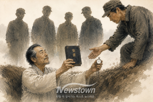 이도종 목사는 구덩이 안으로 흙덩이를 채우는 폭도에게 가방과 회중시계를 꺼내건네주며 이렇게 말했다. “이것을 여러분들에게 선물로 드리겠소, 여러분도 예수 믿고 후일 하늘나라에서 만납시다.”/AI생성 이미지