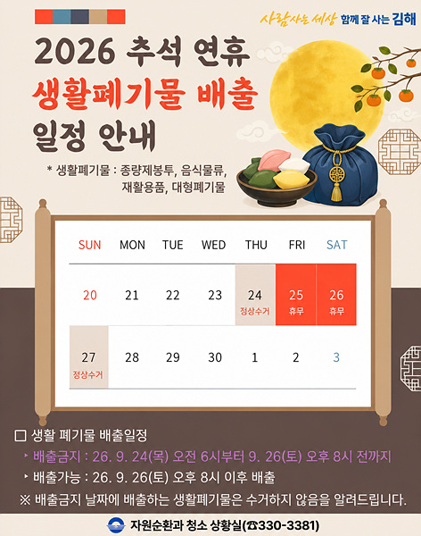 ​김해시 2026년 추석 연휴 생활폐기물 수거일정 안내=김해시​
