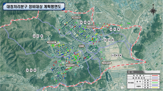 김해시 장유지구 노후 하수관로 정비공사 대상 지역인 대청처리분구 계획평면도. /=김해시
